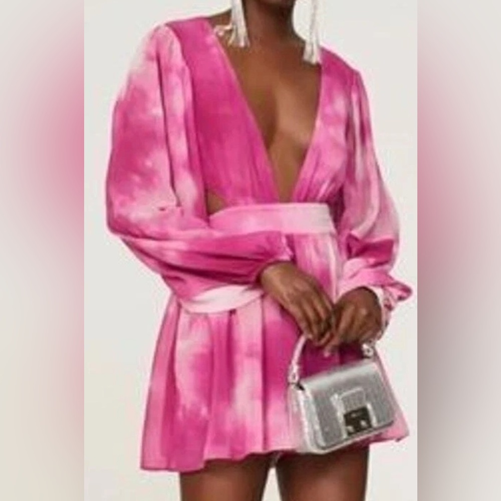 Open Back Long Sleeve Elegant Pink Tie-Dye Mini Satin Romper  Size 4
